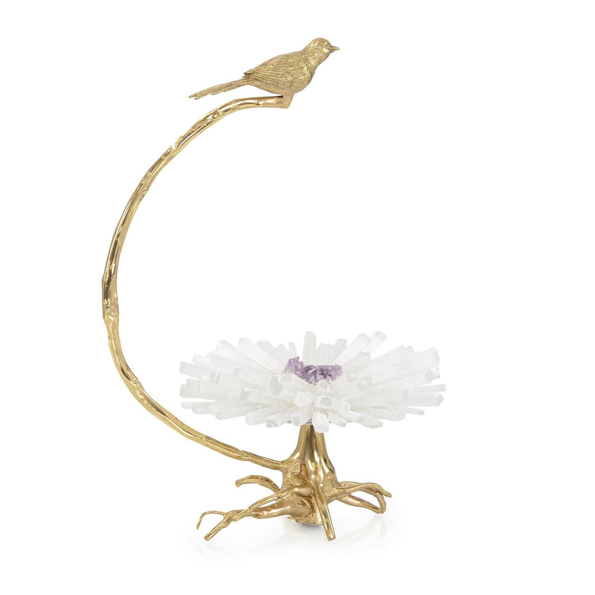 Brass Bird on Selenite Bloom Sculpture