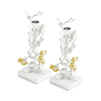 Pomegranate Silver & Gold Candleholders S/2