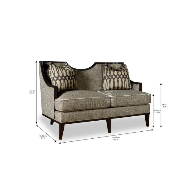 A couch displayed with visible measurements indicating its dimensions and specifications.