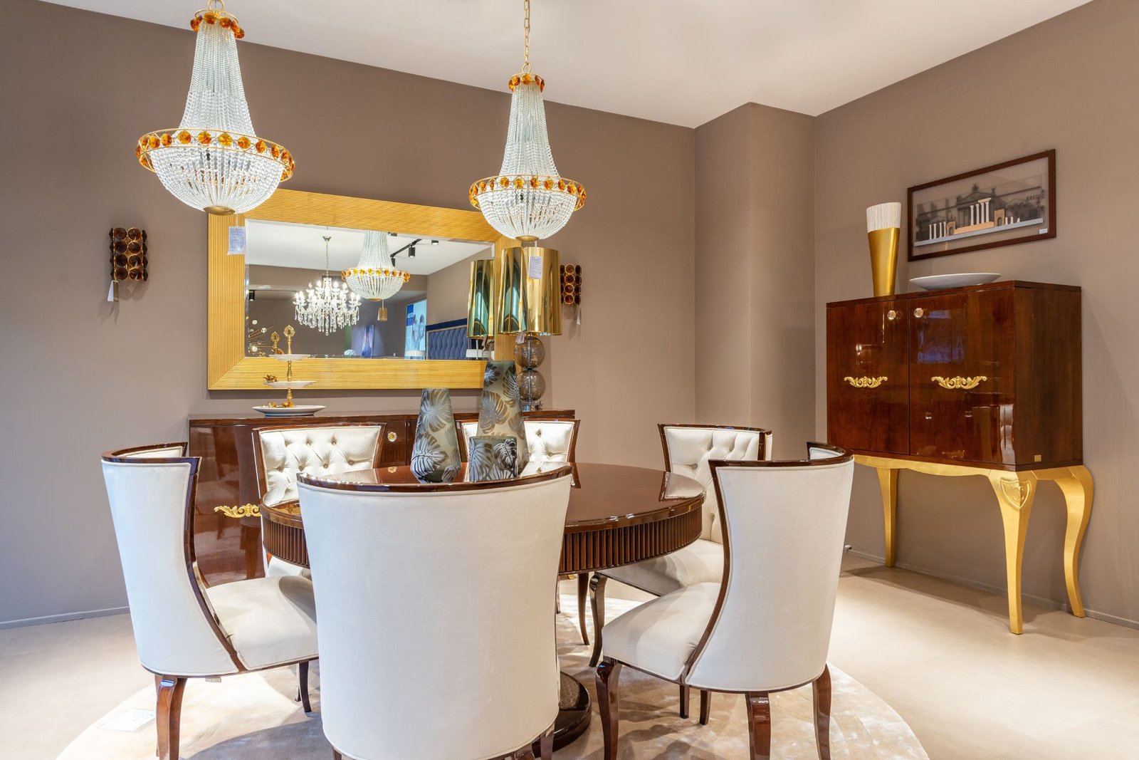 Luxurious dining room with vintage furnishings, chandeliers, and elegant decor.