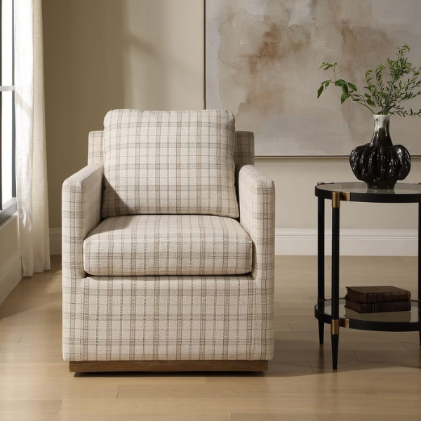 Uttermost Basie Swivel Chair, Taupe Plaid - Image 4