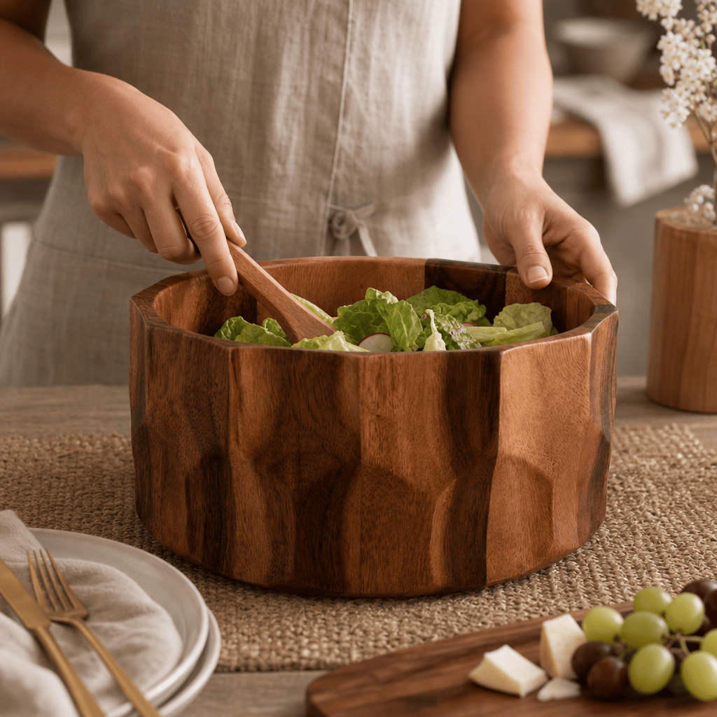 Arthur Court Diamond Pattern Large Acacia Wood Salad Bowl - Image 4