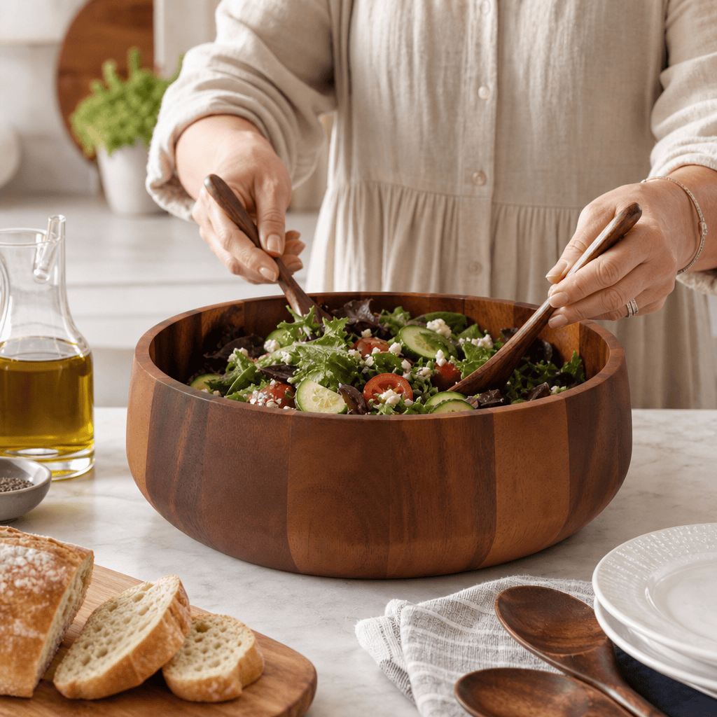 Arthur Court Modern Round Acacia Wood Salad Bowl Large - Image 4