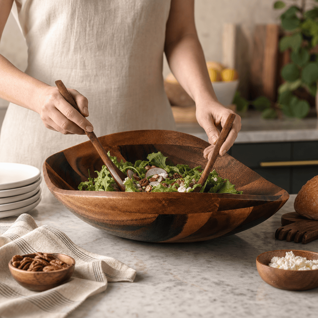 Arthur Court Wave Pattern Large Acacia Wood Salad Bowl - Image 4