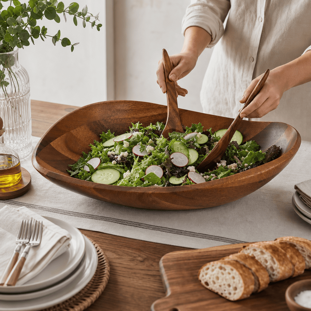 Arthur Court Wave Pattern Large Acacia Wood Salad Bowl - Image 6